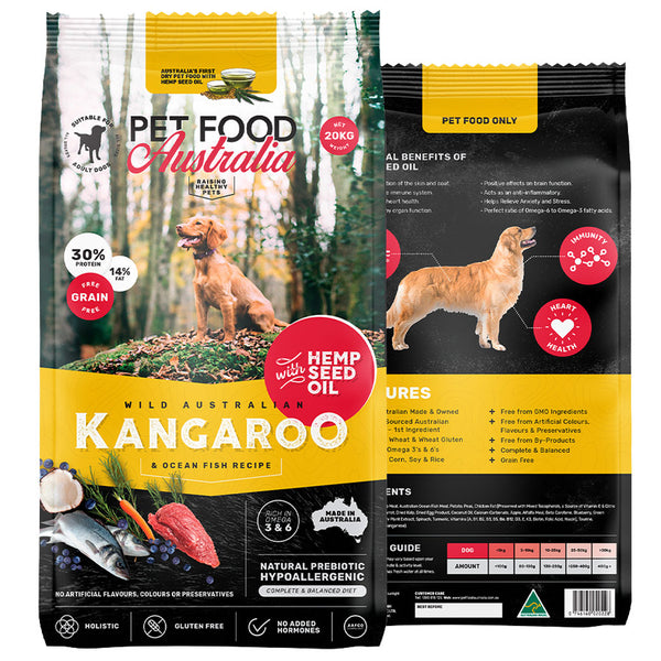 Grain-free kangaroo and ocean fish dry dog food with hemp seed oil by Pet Food Australia